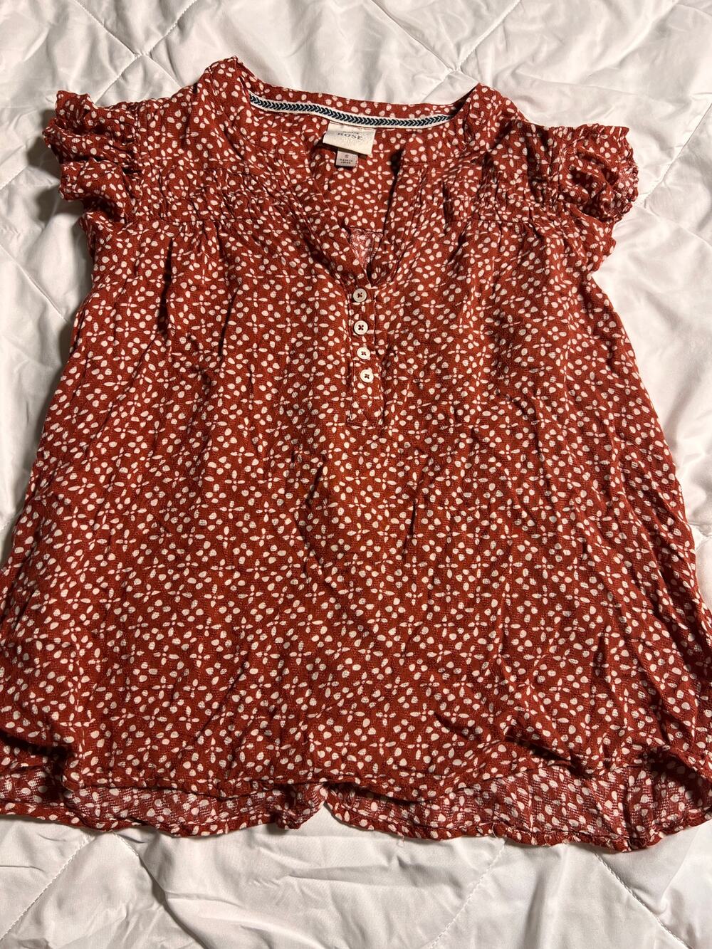 Knox Rose Rust White Print Ruffle Sleeve Blouse Small